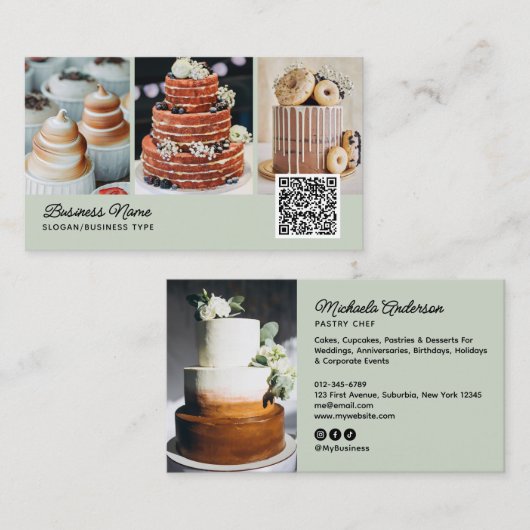 Bakery/Chef/Catering 4-Photo QR Code Modern Script Visitenkarte (Vorne/Hinten)