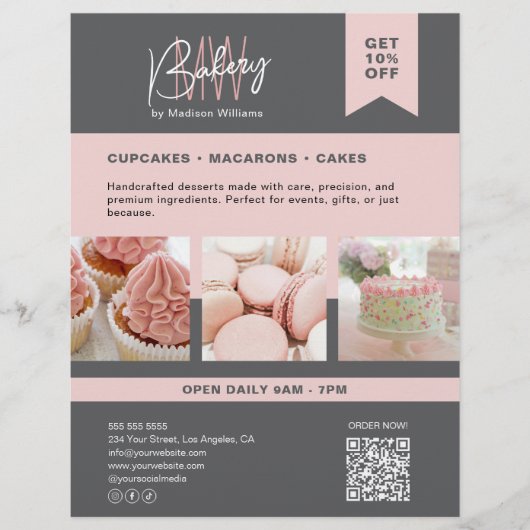 Bakery Custom Monogram Logo Grau Pink Flyer (Vorne)