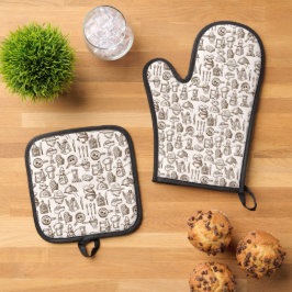 Bakery Kitchen Symbols Pattern Black and White Ofenhandschuh & Topflappen-Set