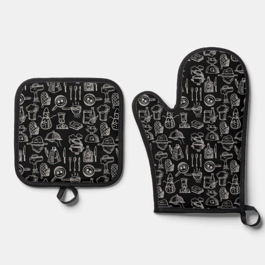 Bakery Kitchen Symbols Pattern Black  Ofenhandschuh & Topflappen-Set (Vorderseite)