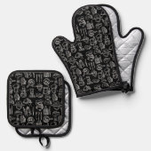 Bakery Kitchen Symbols Pattern Black  Ofenhandschuh & Topflappen-Set (Vorderseite/Rückseite)