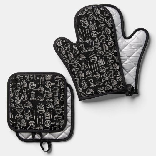 Bakery Kitchen Symbols Pattern Black  Ofenhandschuh & Topflappen-Set (Vorderseite/Rückseite)