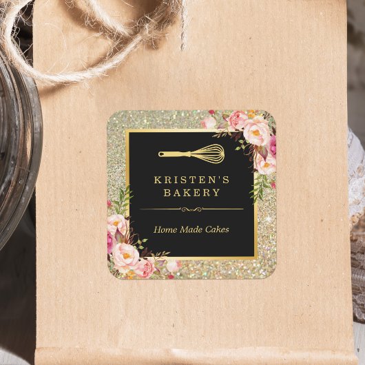 Bakery Koch Whisky Logo | Floral Gold Glitzer Quadratischer Aufkleber