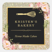 Bakery Koch Whisky Logo | Floral Gold Glitzer Quadratischer Aufkleber (Vorderseite)