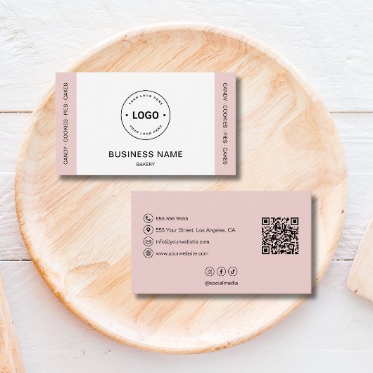 Bakery Logo QR Code Social Media Blush Pink Visitenkarte
