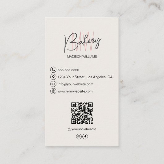 Bakery Monogram Logo Custom Foto QR Tan Visitenkarte (Rückseite)