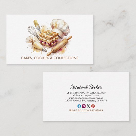 Bakery Pastry Chef Watercolor Gold Baking Catering Visitenkarte (Vorne/Hinten)