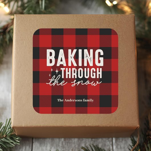 Baking Through the Snow Buffalo Plaid Christmas Quadratischer Aufkleber