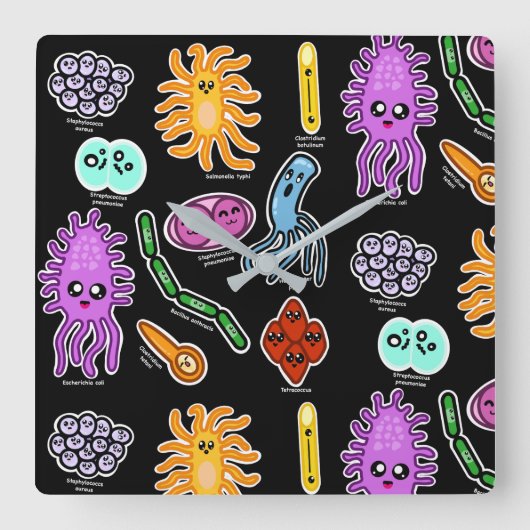 Bakterienarten Quadratische Wanduhr (Vorderseite)