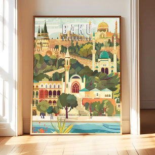 Baku Aserbaidschan Poster Art Druck, Stadt Retro V