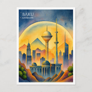 Baku Aserbaijan Cityscape Watercolor Feiertagspostkarte
