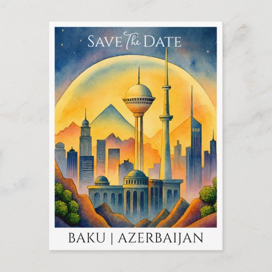 Baku Aserbaijan Wasserfarbe Save the Date Postkarte (Vorderseite)