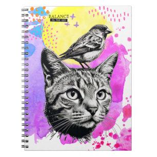 Balance ist der Schlüssel - Katze + Vögel   Notebo Notizblock