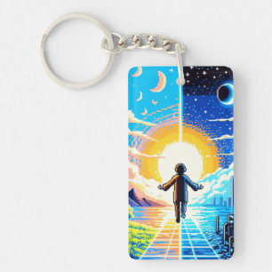 Balance of Worlds - Futuristische Pixel Art Tech Schlüsselanhänger