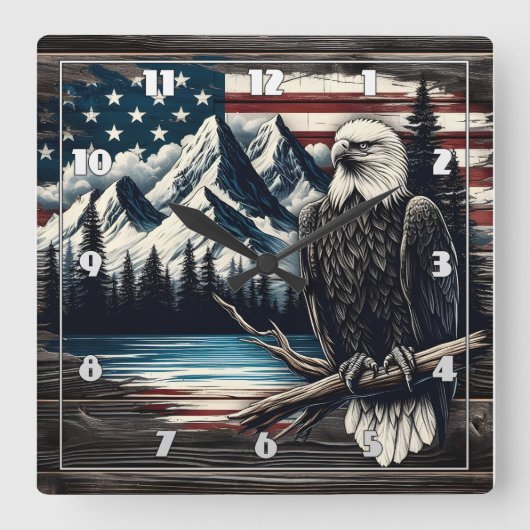Bald Adler am Bergsee mit Flagge Quadratische Wanduhr (Vorderseite)