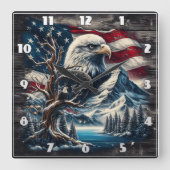 Bald-Adler auf Zweig durch Berge und Flagge Quadratische Wanduhr (Vorderseite)