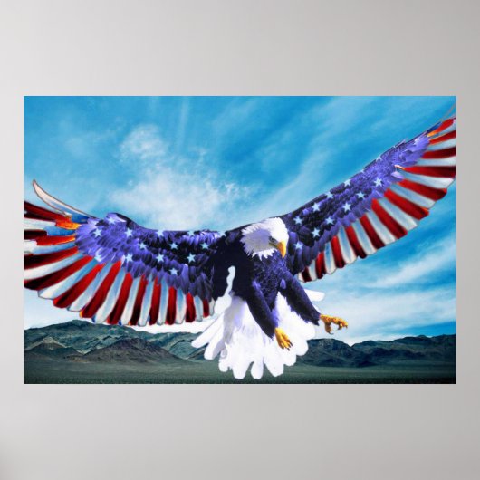 Bald-Adler fliegt mit amerikanischer Flagge am Him Poster (Vorne)