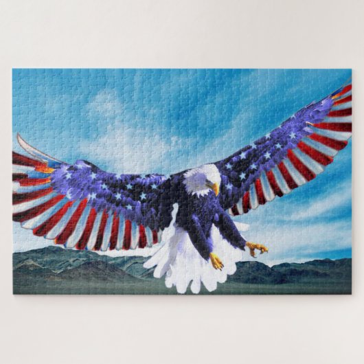 Bald-Adler fliegt mit amerikanischer Flagge am Him Puzzle (Horizontal)