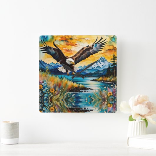 Bald-Adler-Jagd auf Wildblumen Quadratische Wanduhr (Zuhause)