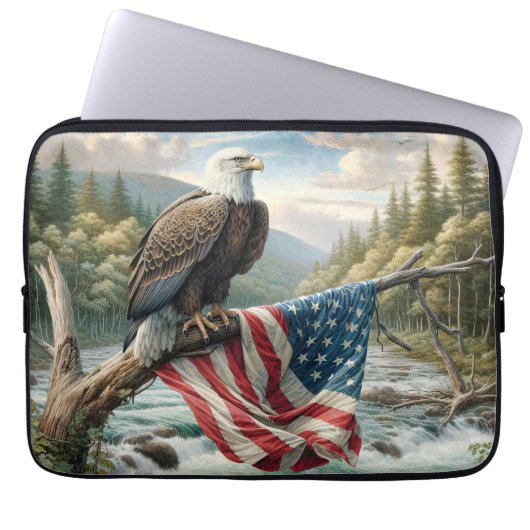 Bald-Adler mit amerikanischer Flagge auf Baumzweig Laptopschutzhülle (Vorderseite)