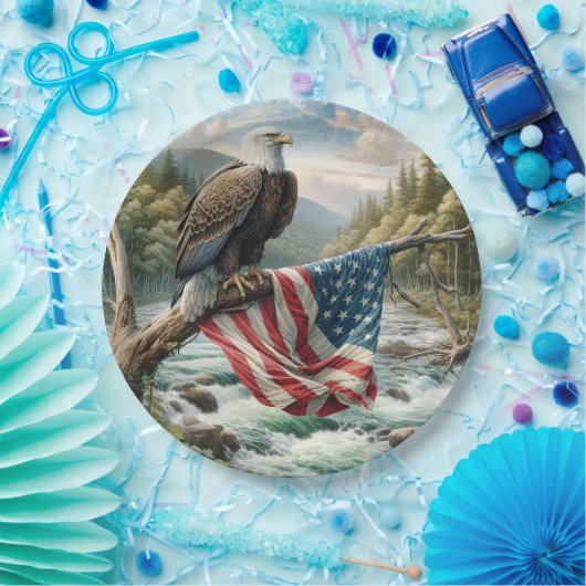 Bald-Adler mit amerikanischer Flagge auf Baumzweig Pappteller (Party)