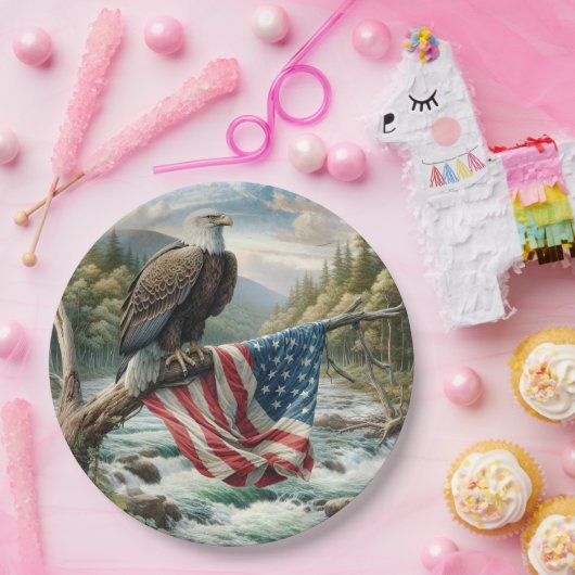 Bald-Adler mit amerikanischer Flagge auf Baumzweig Pappteller (Party)