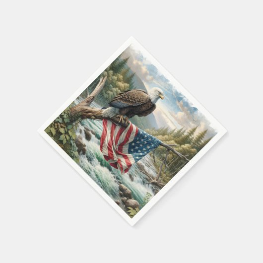 Bald-Adler mit amerikanischer Flagge auf Baumzweig Serviette (Ecke)