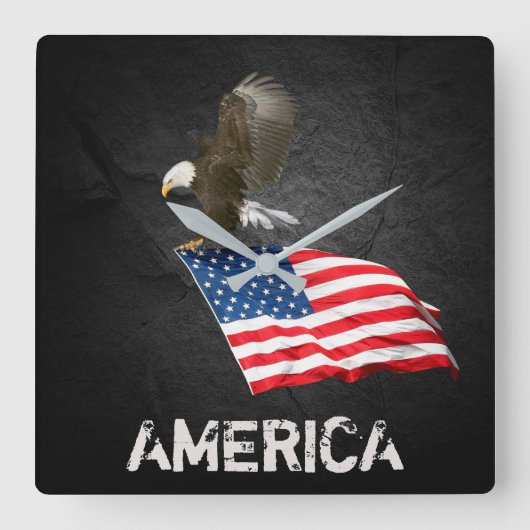 Bald Adler mit Flag auf schwarz Quadratische Wanduhr (Vorderseite)