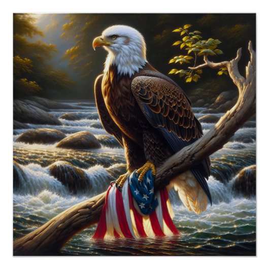 Bald Adler und Amerikanische Flagge auf einer Baum Poster (Vorderseite)