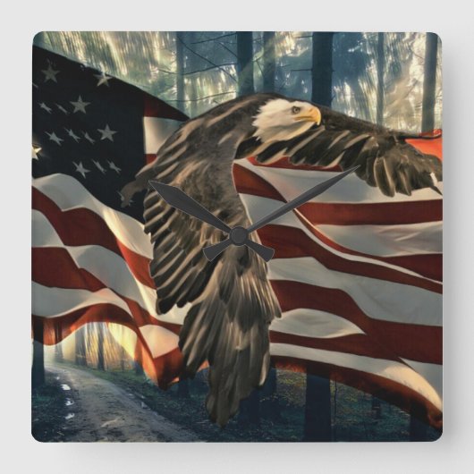 Bald Eagle American Flag Country Road Quadratische Wanduhr (Vorderseite)