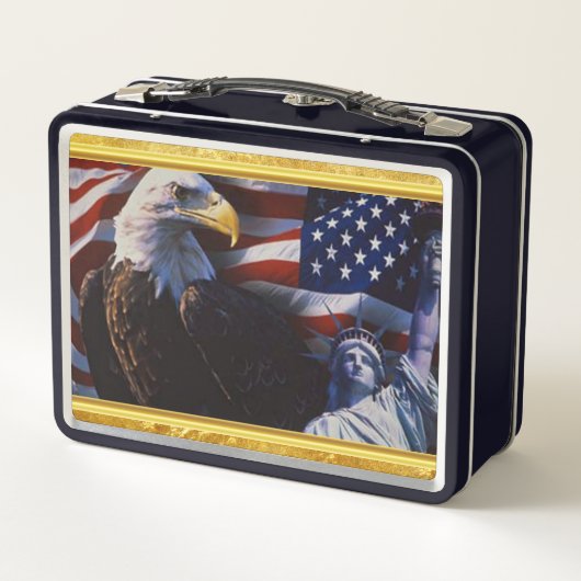 Bald Eagle an Statue der Freiheit und der amerikan Metall Lunch Box (Rückseite)