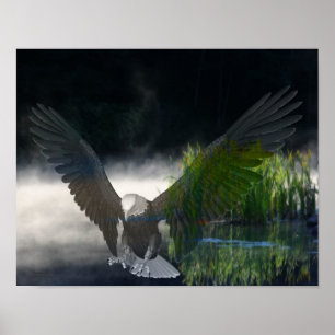 Bald Eagle Cattails Nebelteich Fantasy Kunst Poster
