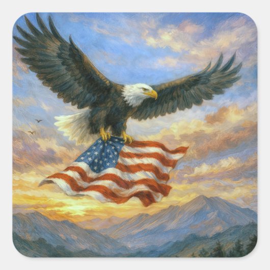 Bald Eagle Flying With American Flag Quadratischer Aufkleber (Vorderseite)