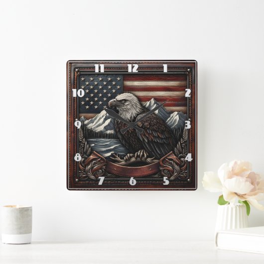 Bald Eagle gegen das Motiv der amerikanischen Flag Quadratische Wanduhr (Zuhause)