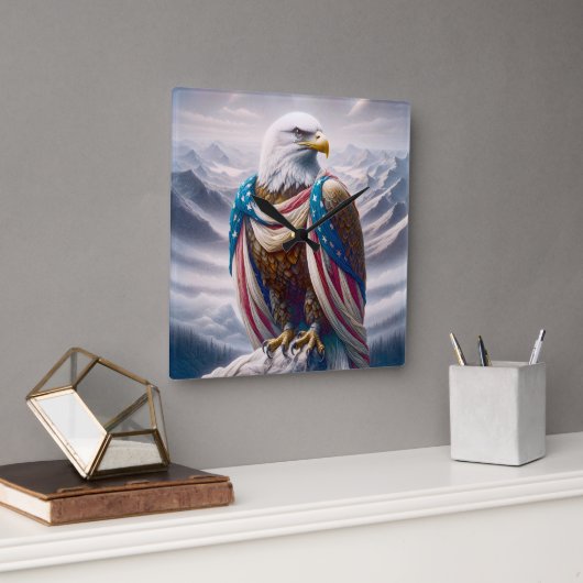 Bald Eagle mit einer amerikanischen Tränenflagge Quadratische Wanduhr (Büro)