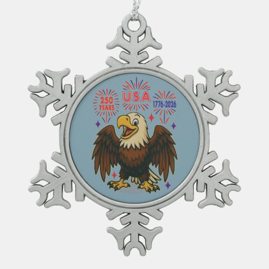 Bald Eagle mit Fireworks- USA 250 Years 1776-2026 Schneeflocken Zinn-Ornament (Vorderseite)