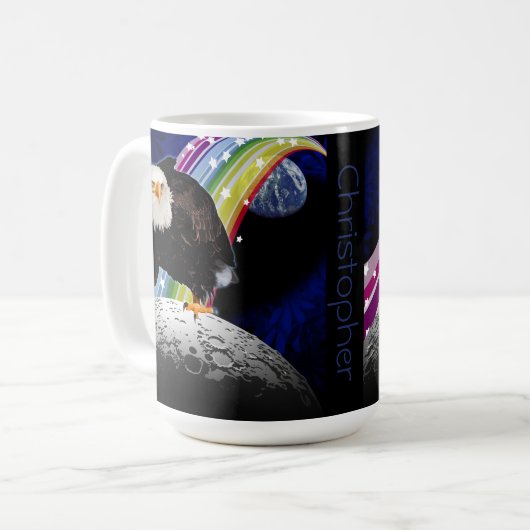Bald Eagle on Moon Fun Rainbow Space Fans Name Kaffeetasse (Vorderseite Links)