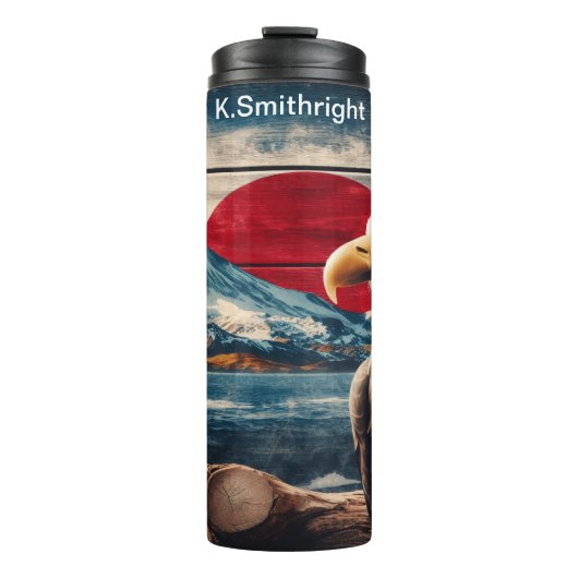 Bald Eagle über schneebedeckten Sonnenaufgang Thermosbecher (Vorderseite)