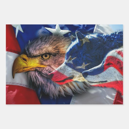 Bald Eagle Wolf American Flag Geschenkpapier Set (Vorderseite)