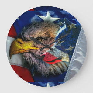 Bald Eagle Wolf American Flag Große Wanduhr