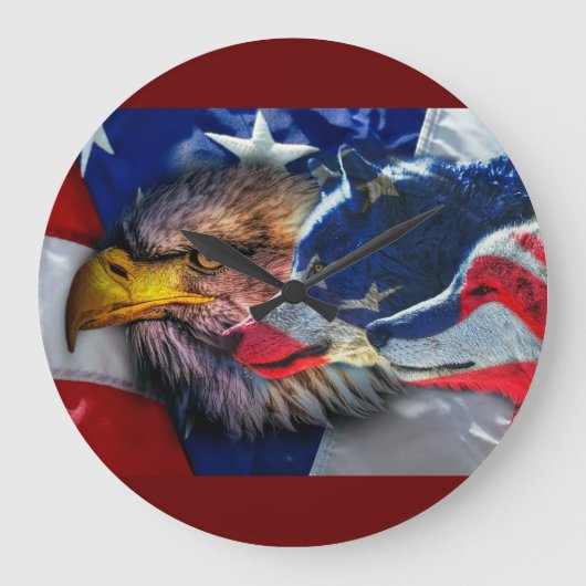 Bald Eagle Wolf American Flag Große Wanduhr (Vorderseite)