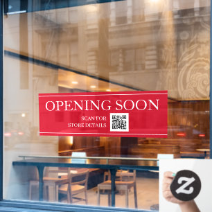 BALD ERÖFFNEN Sign, QR Code, Message, Red & White Fensteraufkleber