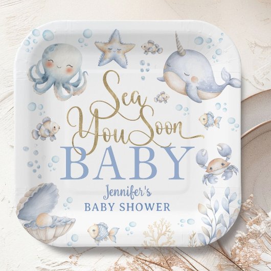 Bald sehen im Ozean - Baby Shower Junge Blau Pappteller