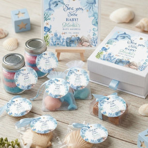Bald sehen wir uns, Seashell-Baby-Party Quadratischer Aufkleber