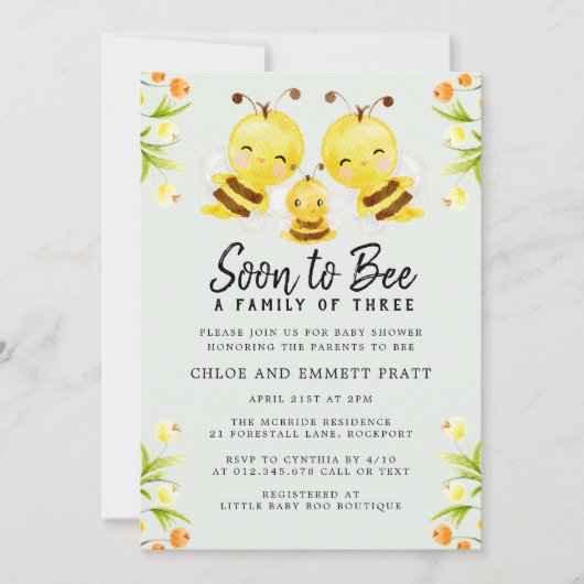 Bald wird eine Familie von drei Baby-Dusche Einladung (Vorderseite)