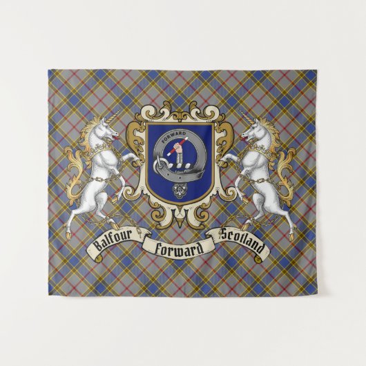 Balfour Clan Abzeichen & Unicorns w/Tartan Wandteppich (Vorderseite (Horizontal))