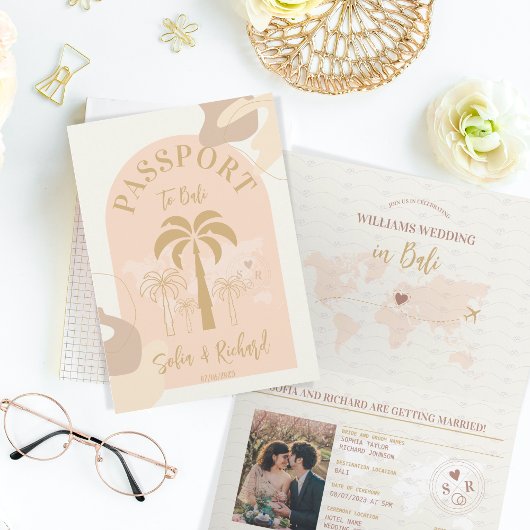 Bali Boho Wedding Reisepass - Weltkarte Einladung