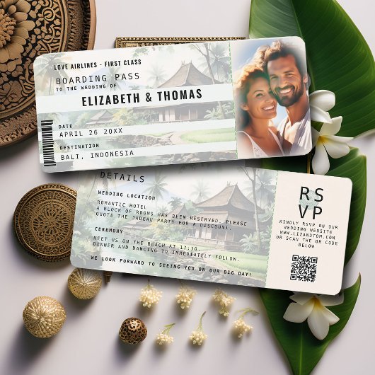 Bali Destination Boarding Pass Green Foto Wedding Einladung