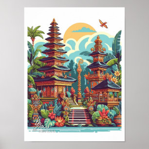 Bali Indonesia Art Vintage Travel Illustration Poster