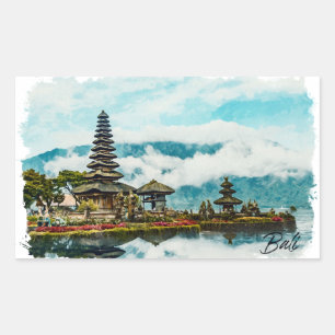 Bali Indonesien Tempel Aquarellmalerei Rechteckiger Aufkleber